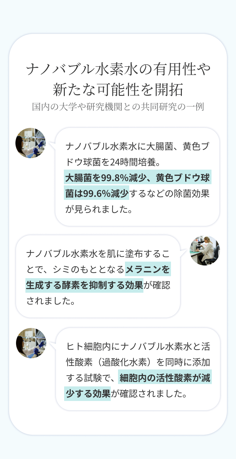 ナノバブル水素水の有用性や新たな可能性を開拓 国内の大学や研究機関との共同研究の一例